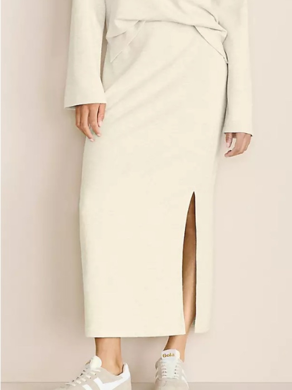 Lou & Grey Scuba Soft Cream Heathers Midi Knit Skirt with Side Slit, size Large